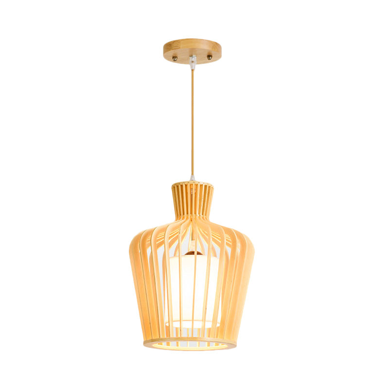 1-Light Dining Room Pendulum Light Japanese Beige Ceiling Pendant with Jug Wood Cage