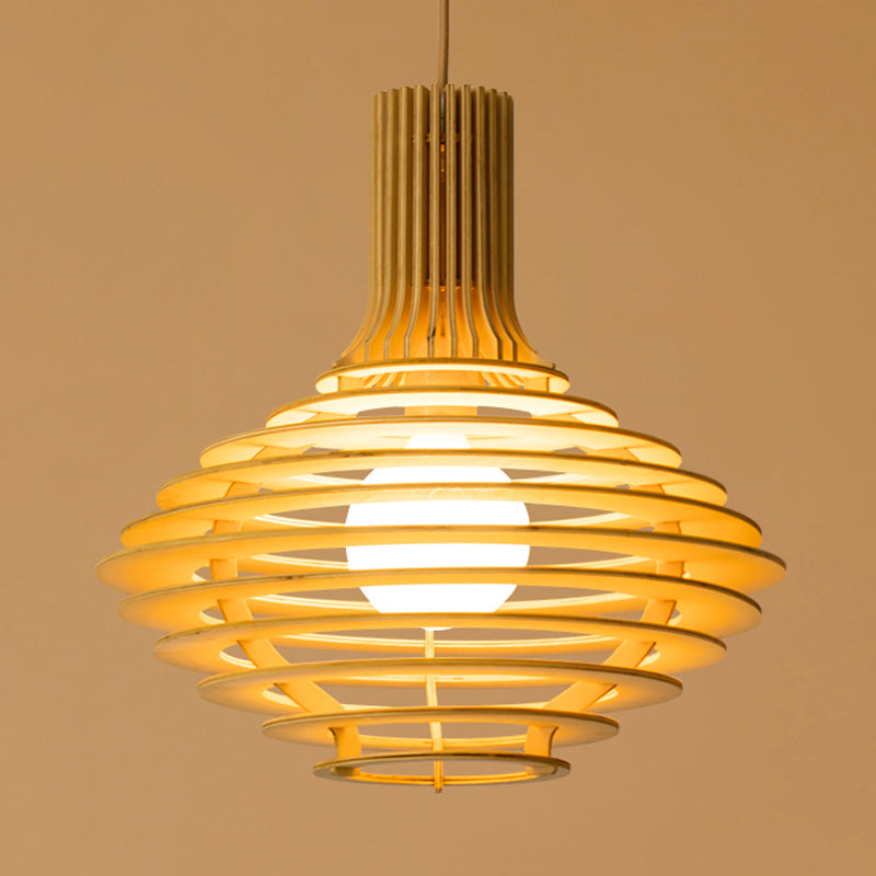 Asia Single Bulb Pendulum Light Black/Beige Wine Jar Shaped Hanging Lamp Kit with Wood Cage