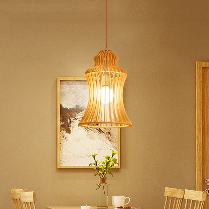 Curvaceous Cage Restaurant Hanging Light Wooden 1 Light Japanese Suspension Pendant with Inner Fabric Shade