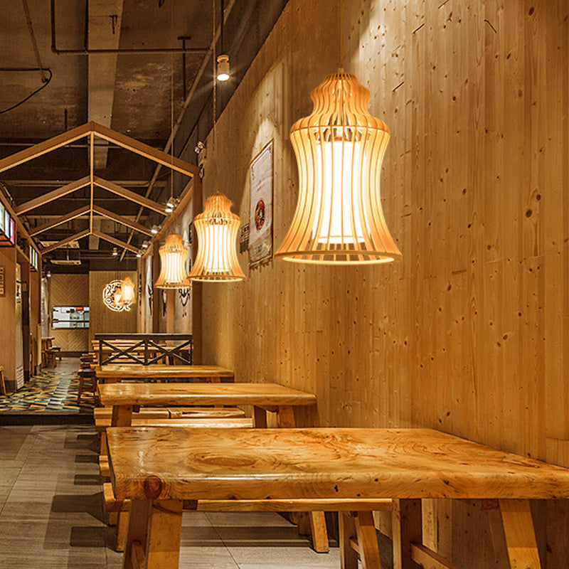 Curvaceous Cage Restaurant Hanging Light Wooden 1 Light Japanese Suspension Pendant with Inner Fabric Shade