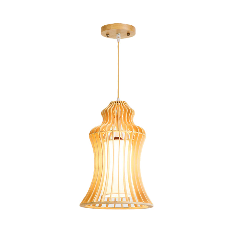 Curvaceous Cage Restaurant Hanging Light Wooden 1 Light Japanese Suspension Pendant with Inner Fabric Shade
