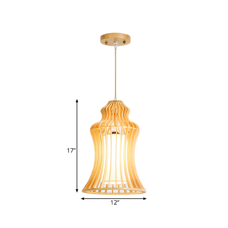 Curvaceous Cage Restaurant Hanging Light Wooden 1 Light Japanese Suspension Pendant with Inner Fabric Shade