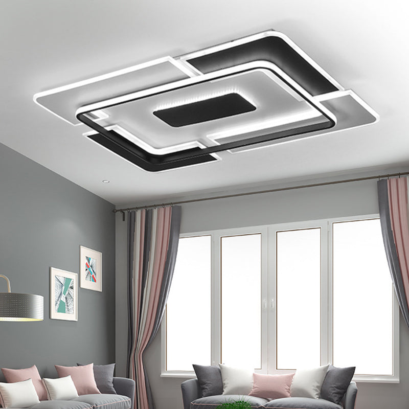 Contemporary LED Ceiling Fixture Aluminum Black and White Patchwork Rectangle Thin Flush Mount Light for Lounge
