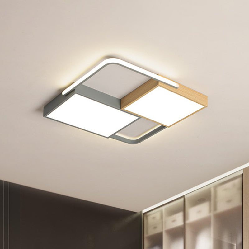 20.5"/34" Wide Nordic LED Ceiling Light Acrylic Grey and Wood Square/Rectangle Flush Mount with Grid Design, Warm/White Light