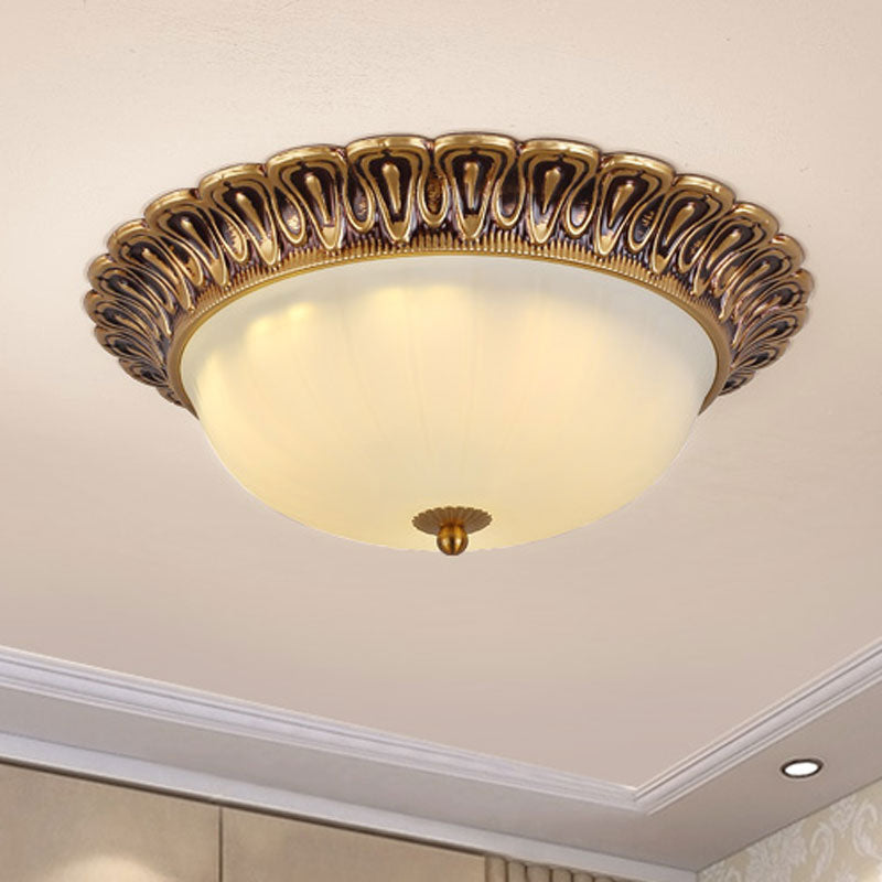Minimalist Bowl Shaped Flushmount 2/3 Lights White Cloud Glass Ceiling Lighting Fixture with Brass Scalloped Trim