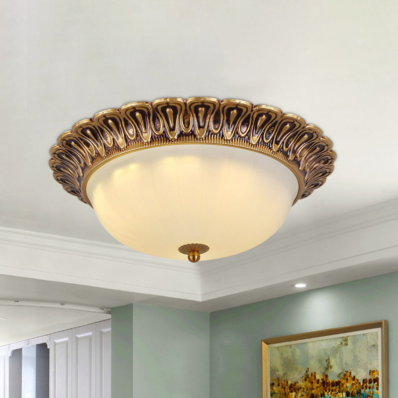 Minimalist Bowl Shaped Flushmount 2/3 Lights White Cloud Glass Ceiling Lighting Fixture with Brass Scalloped Trim