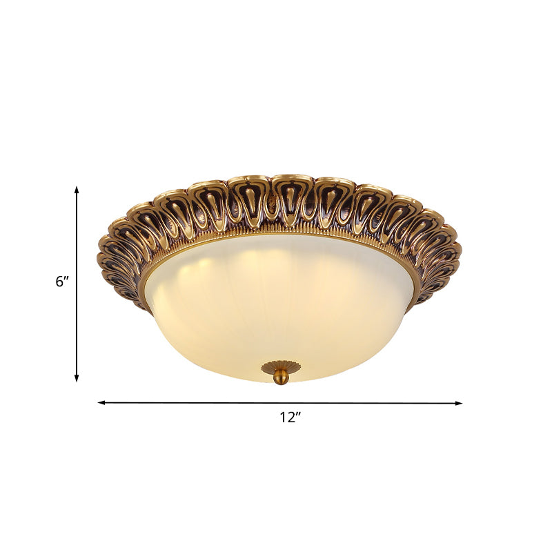 Minimalist Bowl Shaped Flushmount 2/3 Lights White Cloud Glass Ceiling Lighting Fixture with Brass Scalloped Trim
