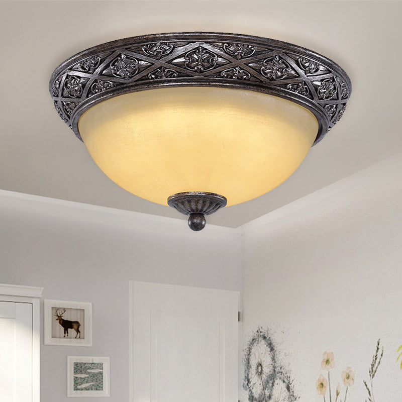 2 Bulbs Close to Ceiling Light Traditional Carved Floral Patterned Dome Frosted Glass Flush Mount in Black