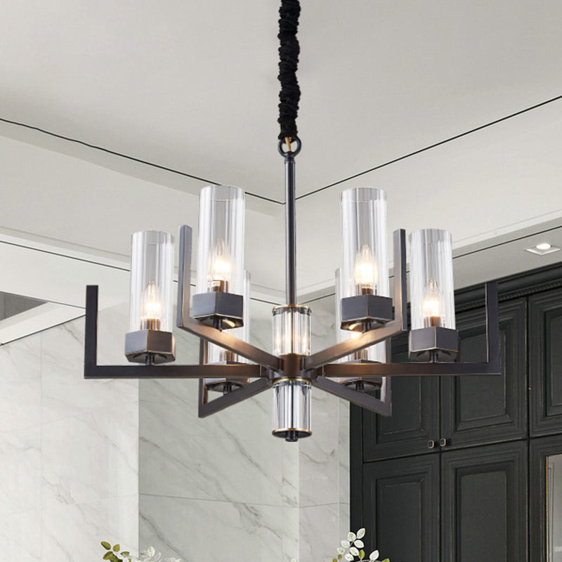 Zwarte radiale kroonluchter vintage metalen 6-bulb eettafel suspensie hanglamp met fluit prismatische glazen schaduw