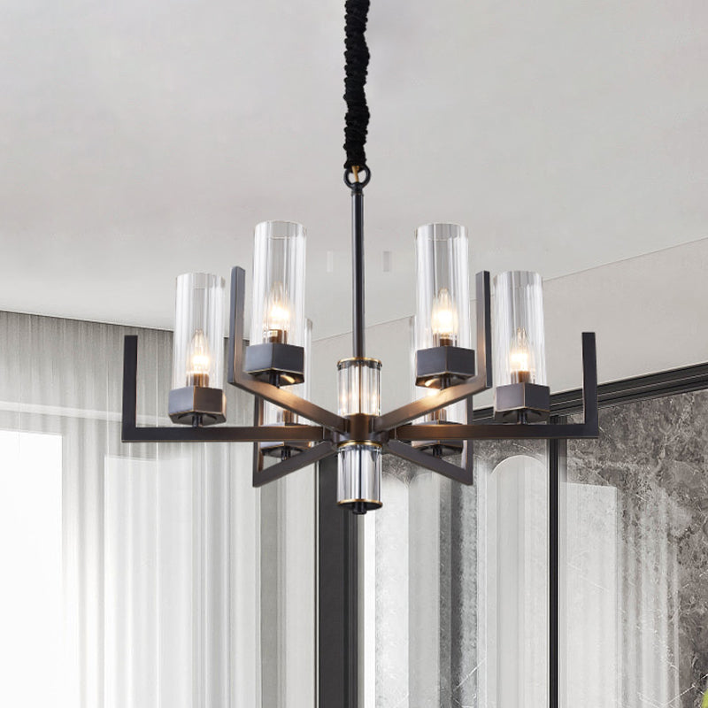 Zwarte radiale kroonluchter vintage metalen 6-bulb eettafel suspensie hanglamp met fluit prismatische glazen schaduw