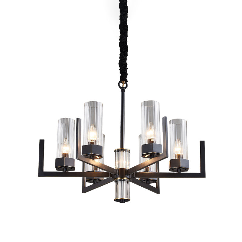 Zwarte radiale kroonluchter vintage metalen 6-bulb eettafel suspensie hanglamp met fluit prismatische glazen schaduw