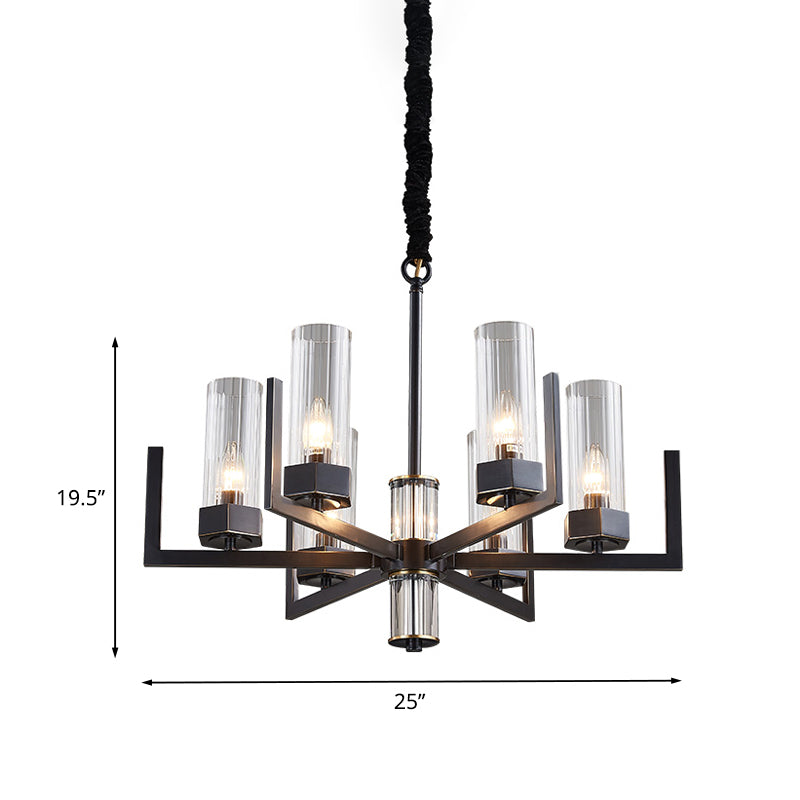 Zwarte radiale kroonluchter vintage metalen 6-bulb eettafel suspensie hanglamp met fluit prismatische glazen schaduw