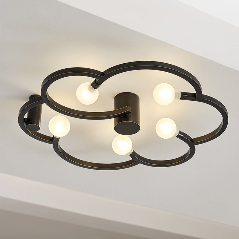 Vintage Bare Bulb Semi Flush 5 Bulbs Iron Flush Mount Light Fixture in Black/Gold with Flower Cage for Bedroom