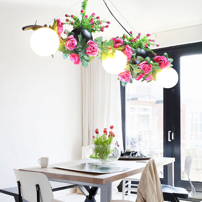 Ball Dining Room Island Lamp Industrial Opal Glass 3 Heads Black Flower Hanging Pendant Light