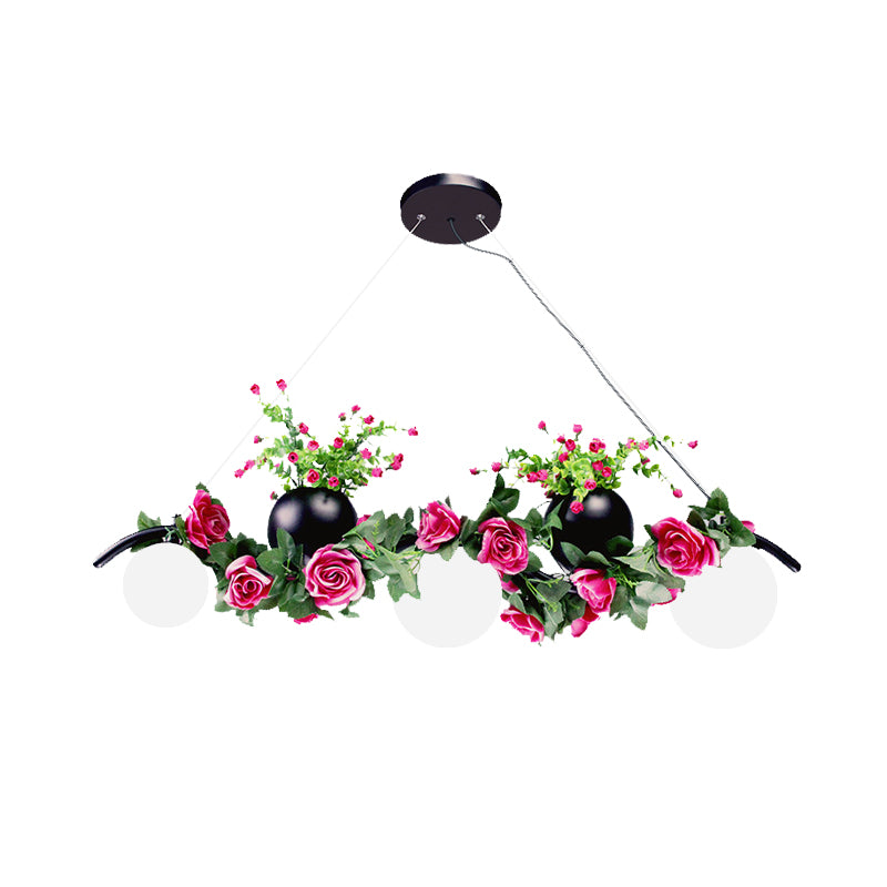 Ball Dining Room Island Lamp Industrial Opal Glass 3 Heads Black Flower Hanging Pendant Light