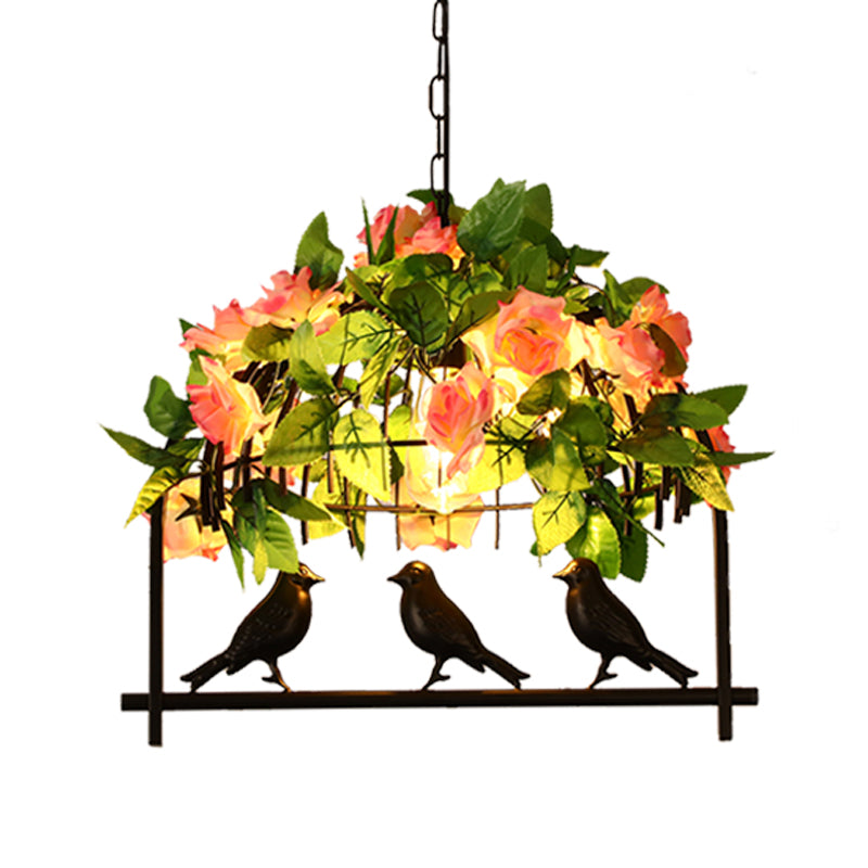 Industrial Birdcage Island Light Fixture 1/3-Light Iron Down Lighting Pendant in Black with Rose Decoration