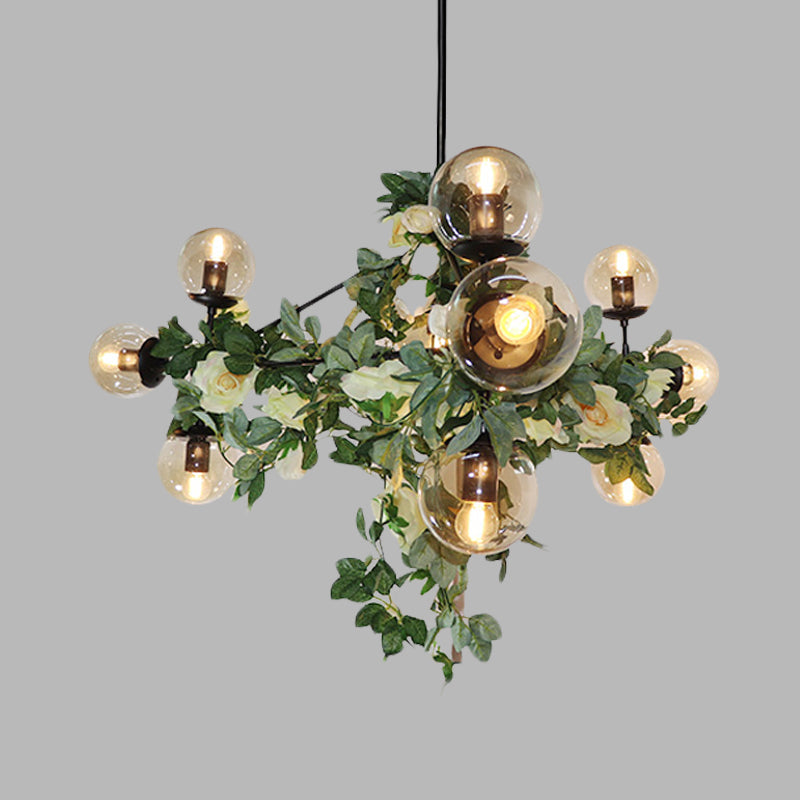 10/14-Bulb Island Pendant Industrial Globe Smoke Gray Glass Hanging Light in Black with Geometric Cage