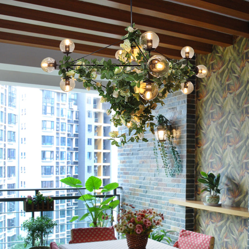 10/14-Bulb Island Pendant Industrial Globe Smoke Gray Glass Hanging Light in Black with Geometric Cage