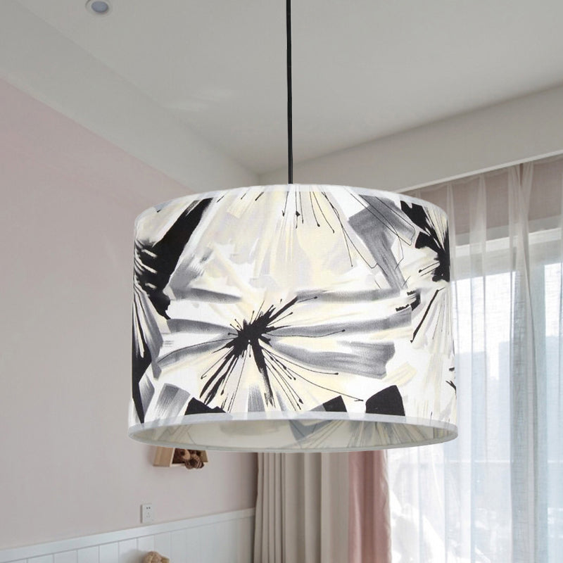 Gedrukte stof Drumschaduw Pendulum Licht Hedendaags 1 lamp Zwart -witte hanglampverlichting