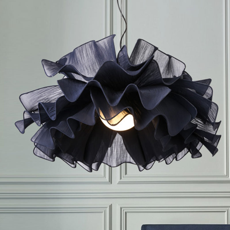 Modern Stylish 1 Head Drop Pendant White/Navy Blue Hand Woven Layered Ruffle Hanging Light Fixture with Fabric Shade