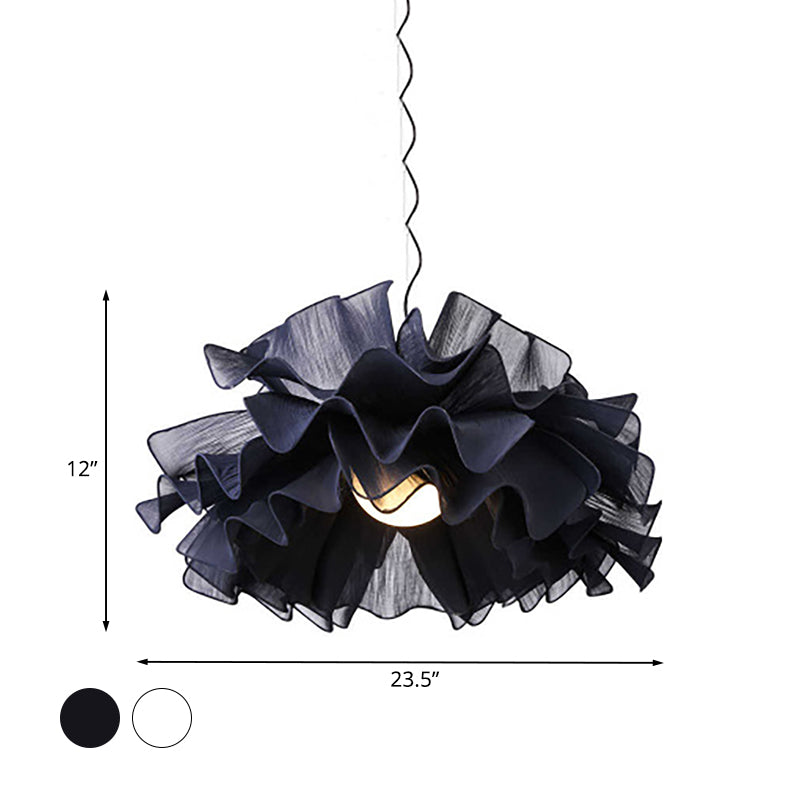 Modern Stylish 1 Head Drop Pendant White/Navy Blue Hand Woven Layered Ruffle Hanging Light Fixture with Fabric Shade