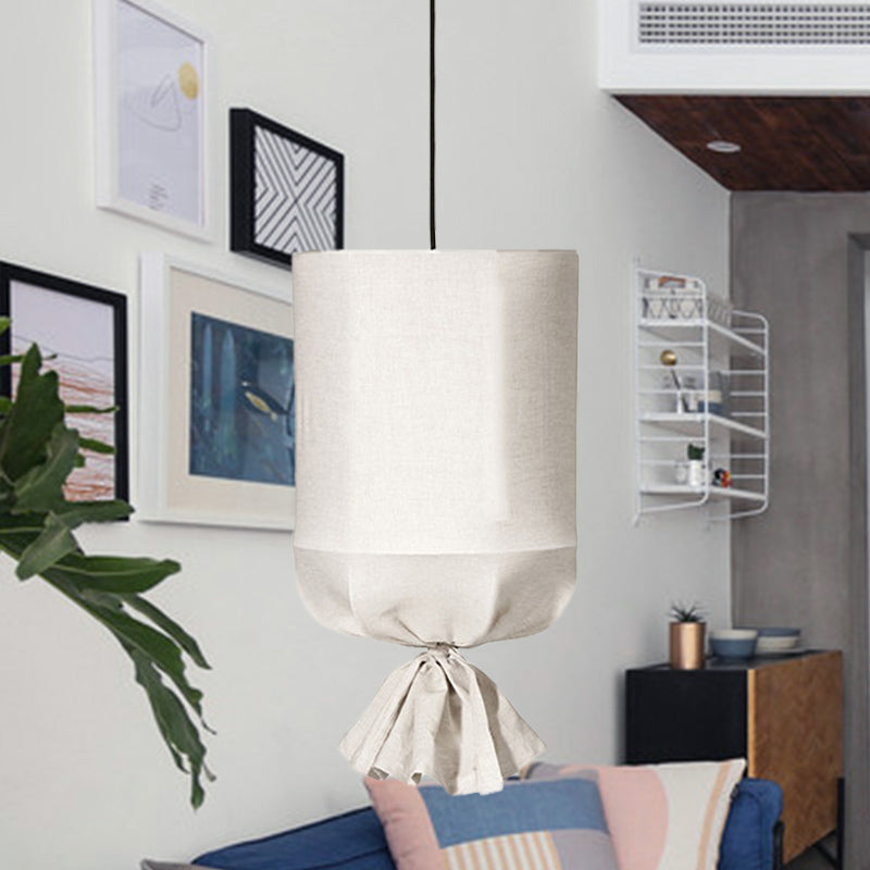 Cylindrical Down Lighting Pendant Minimalist Fabric 1-Light White/Flaxen Ceiling Lamp with Fastener