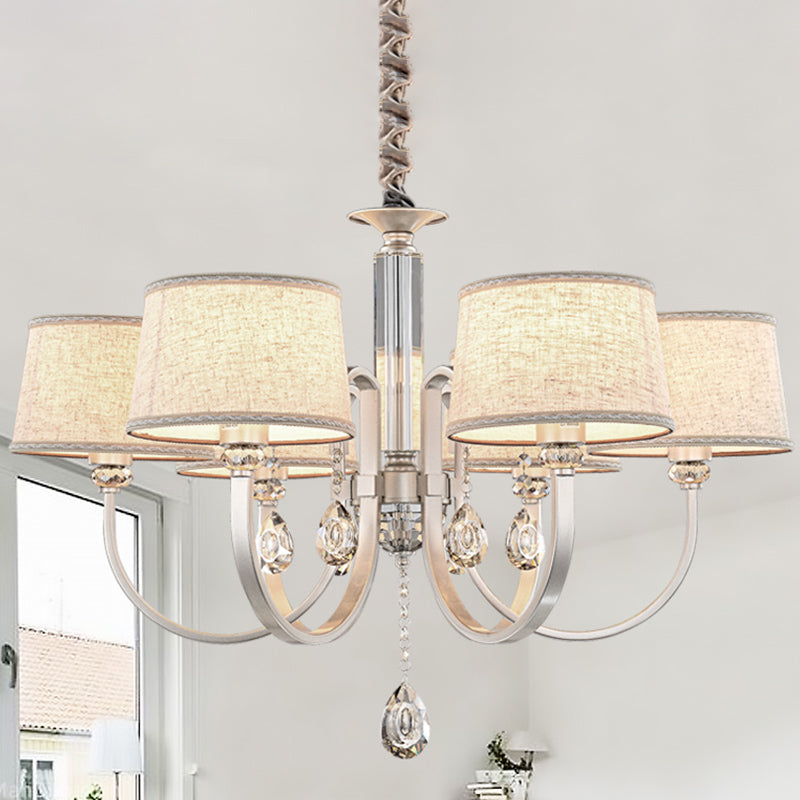 Nickel Swoop Arm Hanging Kronleuchter moderne 3/6 Leuchten Metall -Drop -Lampe mit Flaxen Stoff Shade und K9 Crystal Decor