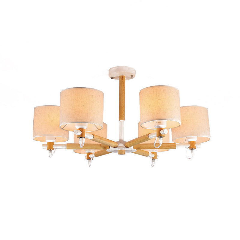 6 Heads Living Room Semi Flush Chandelier Nordic Wooden Ceiling Mount Light with Cylinder Fabric Shade