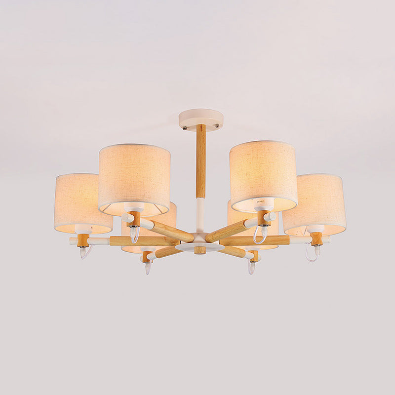6 Heads Living Room Semi Flush Chandelier Nordic Wooden Ceiling Mount Light with Cylinder Fabric Shade