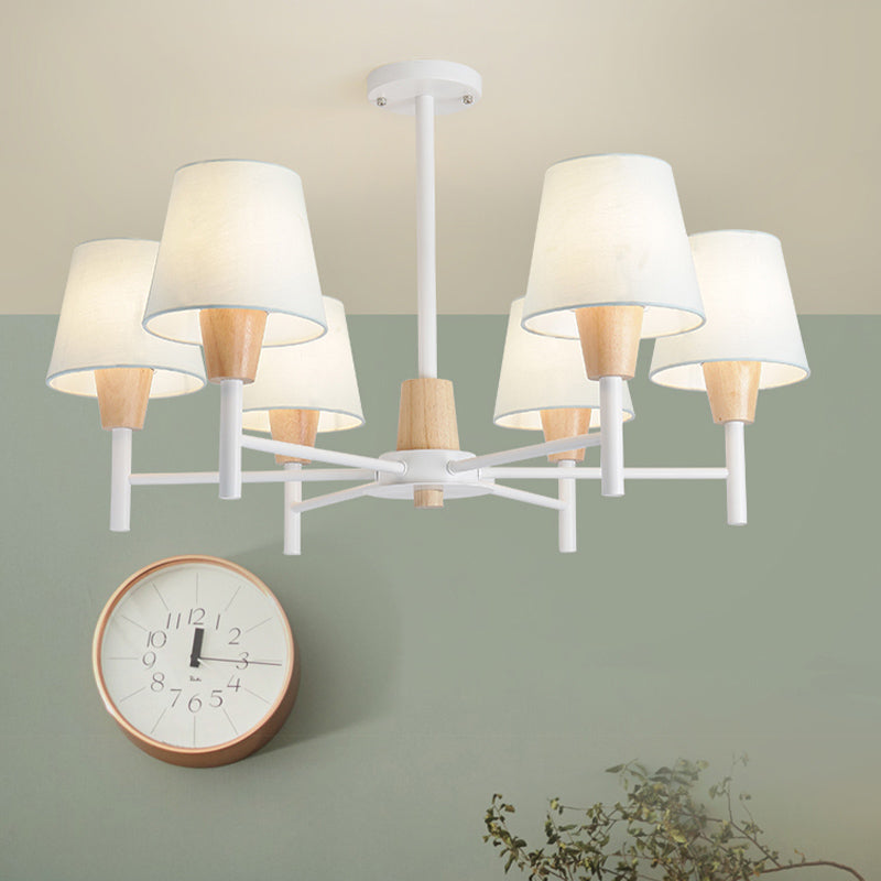 Nordic 6 Lights Semi Flush White-Wood Tapered Ceiling Mount Chandelier with Fabric Lampshade