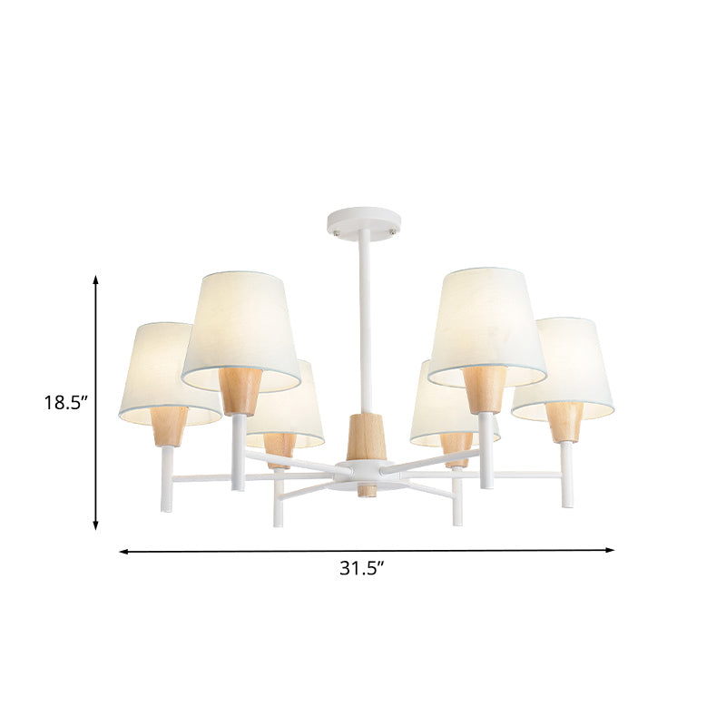 Nordic 6 Lights Semi Flush White-Wood Tapered Ceiling Mount Chandelier with Fabric Lampshade