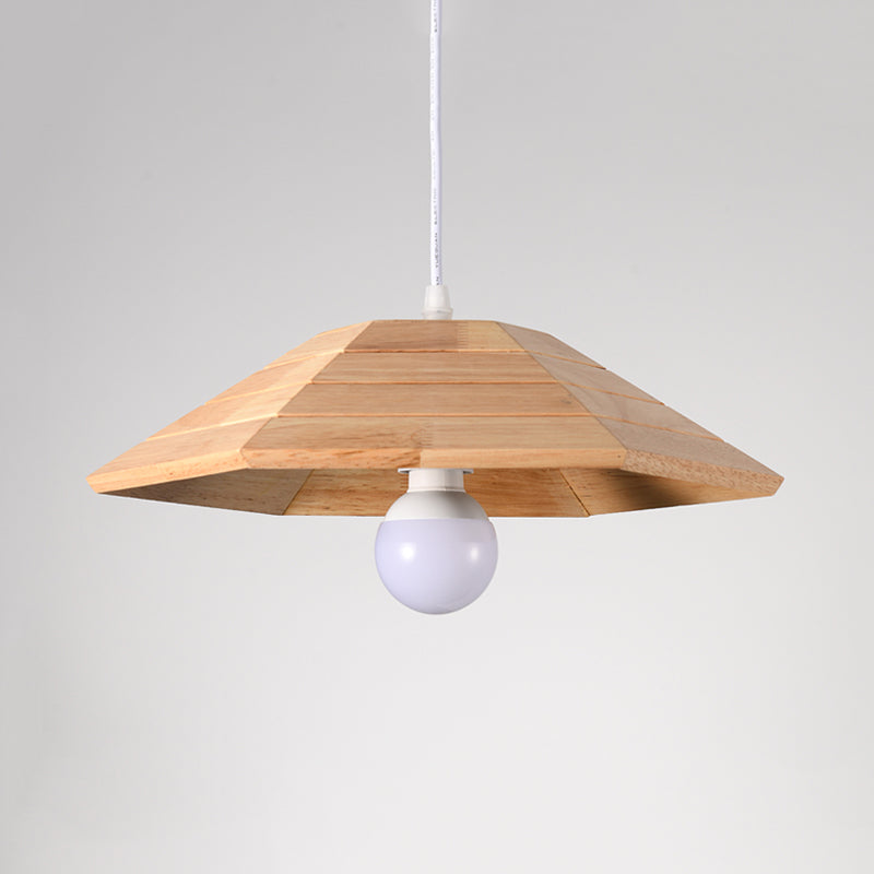 Ridged Flare Pendant Ceiling Light Simple Wooden 1-Light Beige Hanging Lamp Kit over Table