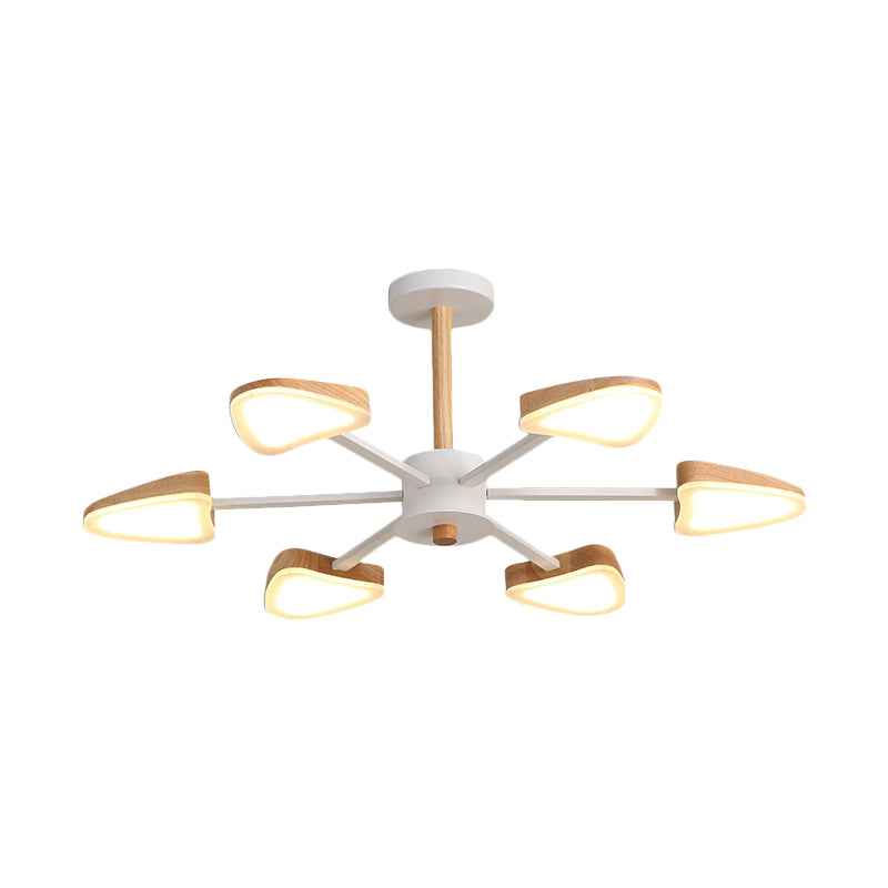 Burst LED Semi Flush Mount Nordic Wood 6 Heads White Ceiling Mount Chandelier with Triangle Shade