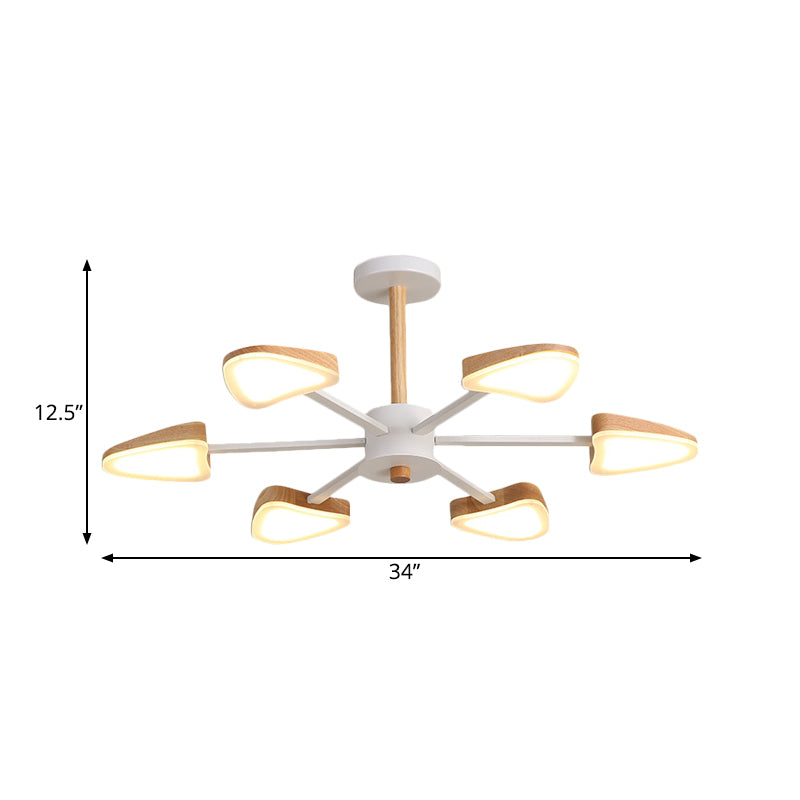 Burst LED Semi Flush Mount Nordic Wood 6 Heads White Ceiling Mount Chandelier with Triangle Shade