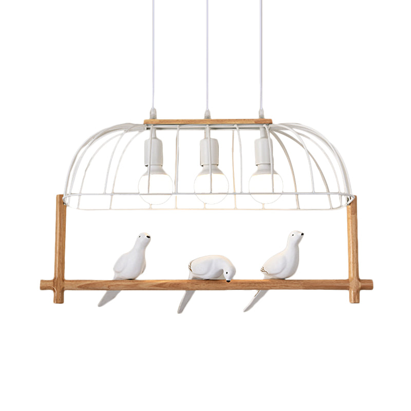 Nordic Style 3-Light Island Pendant Iron White Elongated Cage Hanging Light with Bird and Wood Bird Stand