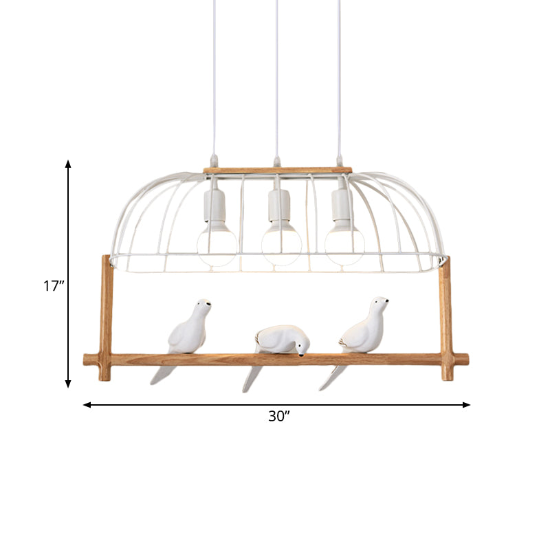 Nordic Style 3-Light Island Pendant Iron White Elongated Cage Hanging Light with Bird and Wood Bird Stand