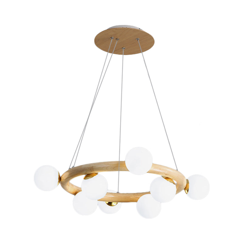 Orbs Opal Matte Glass Chandelier Nordic 8 Bulbs Beige Ceiling Pendant Light with Wood Circle Arm
