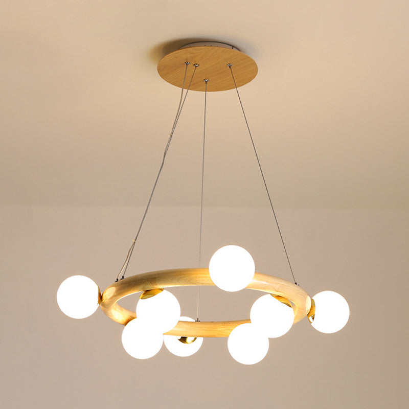 Orbs Opal Matte Glass Chandelier Nordic 8 Bulbs Beige Ceiling Pendant Light with Wood Circle Arm