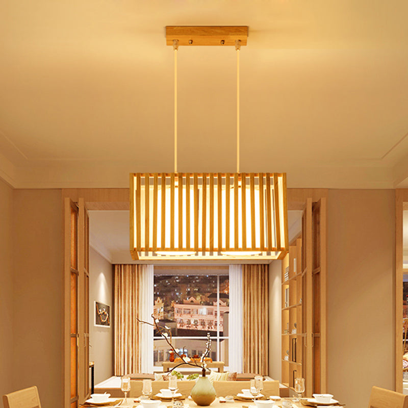 Rubber Wood Cuboid Island Light Style japonais Éclairage pendentif à 2 têtes sur table à manger