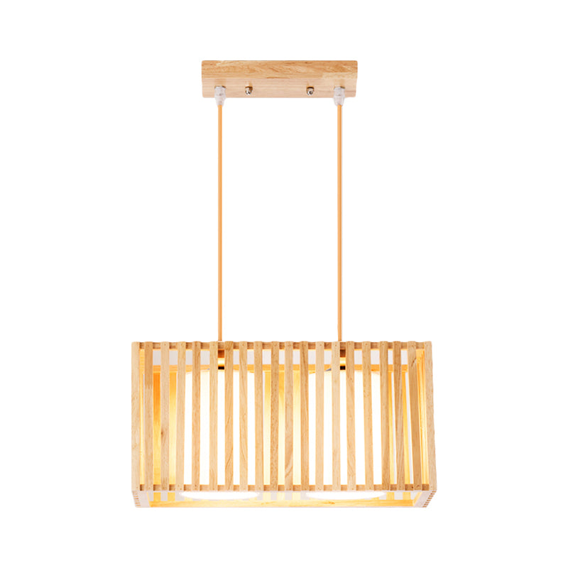 Rubber Wood Cuboid Cage Island Light Japanese Style 2-Head Pendant Lighting over Dining Table