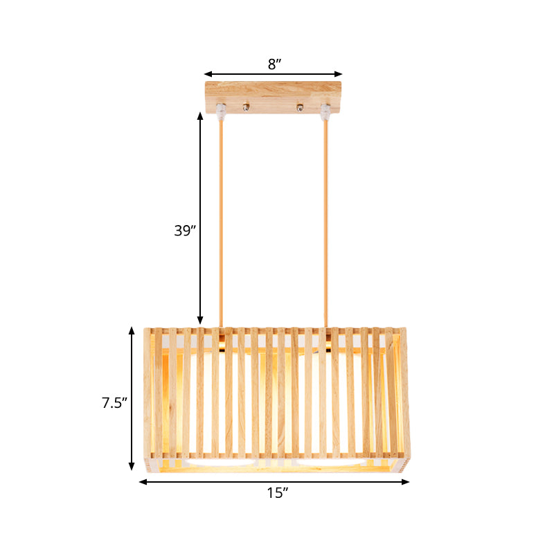Rubber Wood Cuboid Cage Island Light Japanese Style 2-Head Pendant Lighting over Dining Table