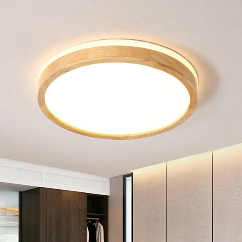 Wood Tambour Ceiling Flush Mount Nordic Beige 12"/16" Dia LED Flushmount Lighting with Recessed Diffuser