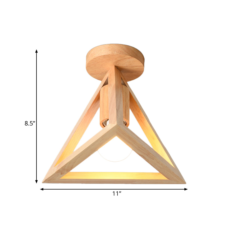 1-Light Foyer Semi Mount Lighting Minimalist Beige Ceiling Flush Light with Pyramid Wood Cage