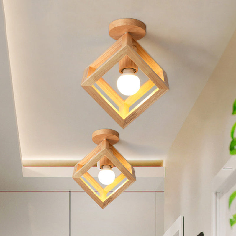 Cage cubique en bois Semi-affleurante nordique 1 ampoule Beige luminaire monté au plafond pour couloir