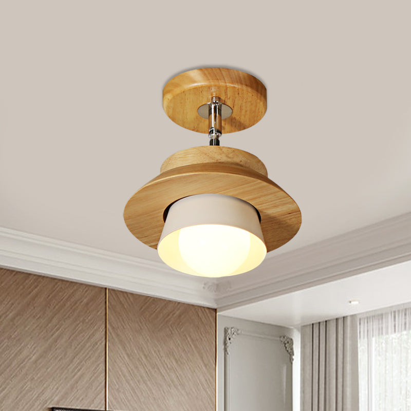 Small Wood Cap Rotatable Ceiling Lamp Minimalist 1 Head Semi Flush Mount Fixture with Inserted White Lampshade