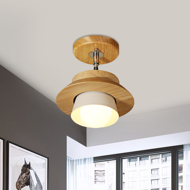 Small Wood Cap Rotatable Ceiling Lamp Minimalist 1 Head Semi Flush Mount Fixture with Inserted White Lampshade