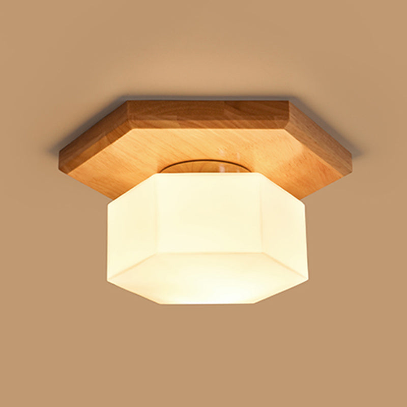 Lámpara de techo empotrada hexagonal de cristal color crema, iluminación empotrada nórdica de 1 luz con dosel de madera