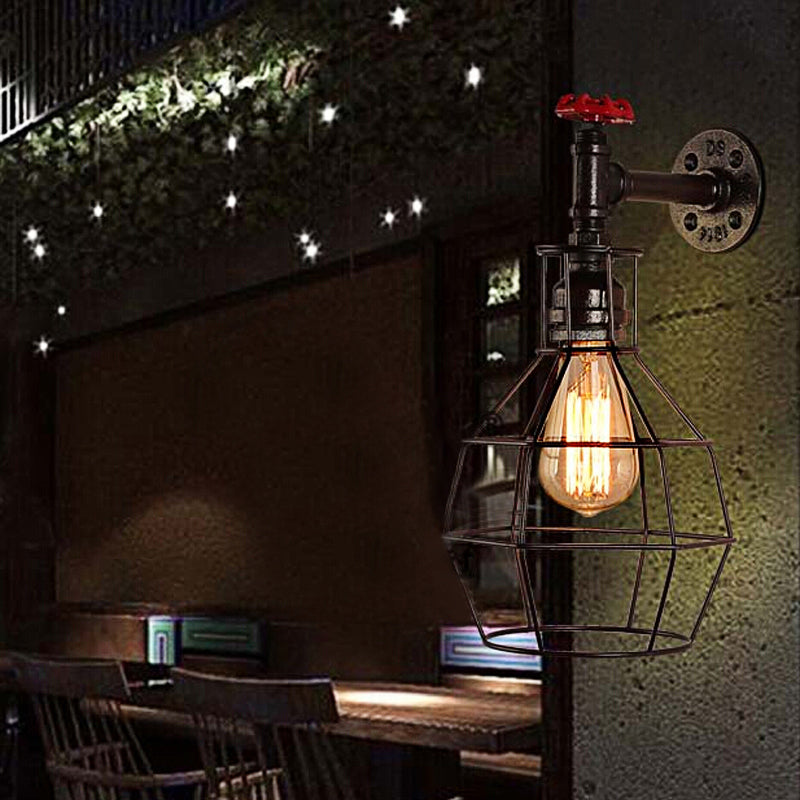 Globe Caged Corridor Wall Light Sconce with Valve Deco Vintage Metal 1 Light Black/Bronze Wall Lamp