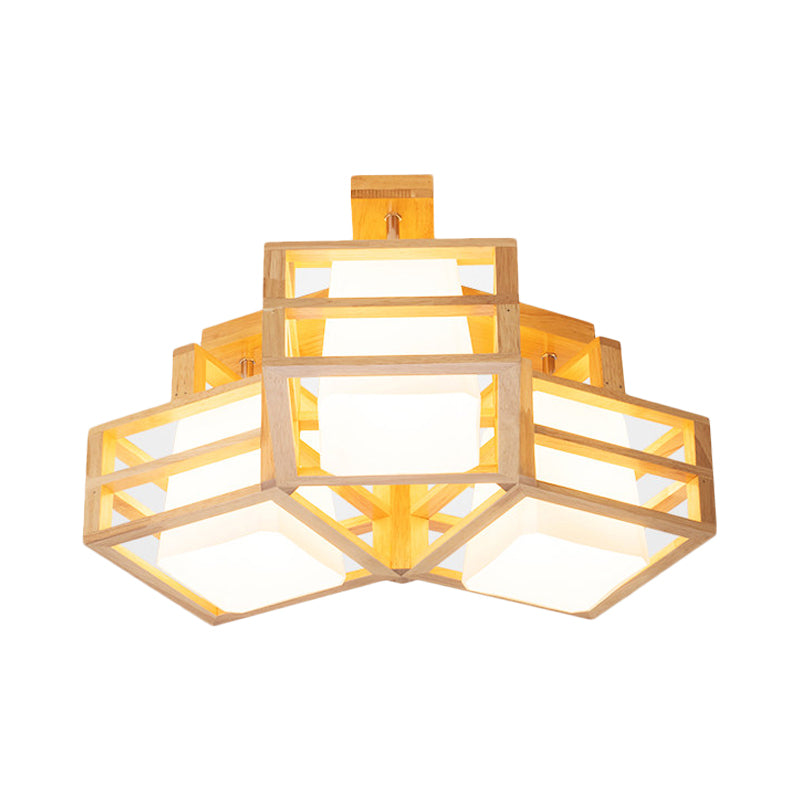 Opaline matglas kubus plafondlicht modern 3 koppen beige semi -spoelbevestiging verlichting met houten kooisacht