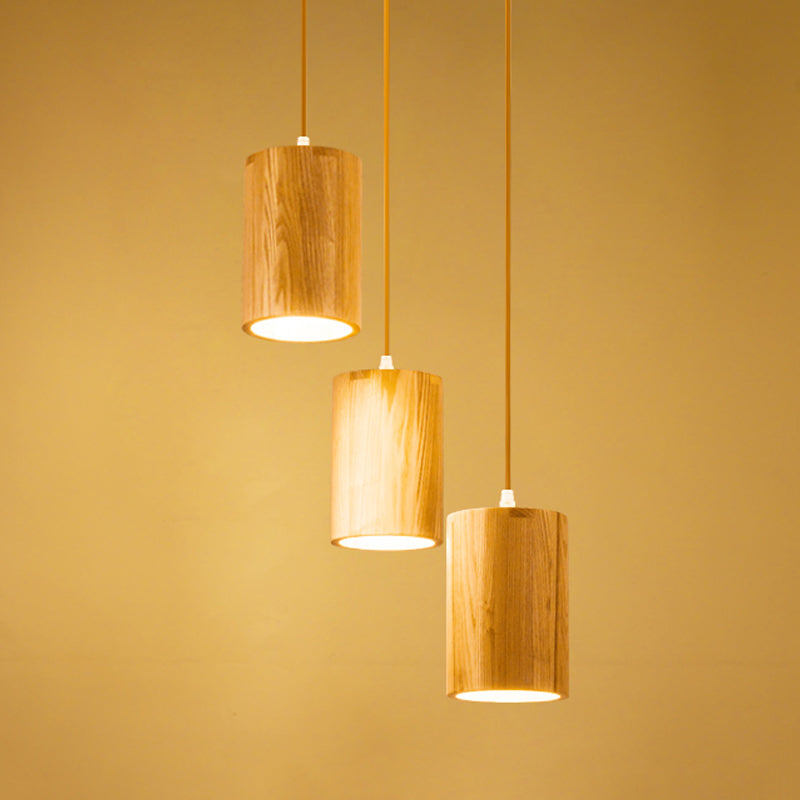 Column Multi-Pendant Cottage Wood 3 Heads Dining Table Suspension Lighting with Height Adjustable Design